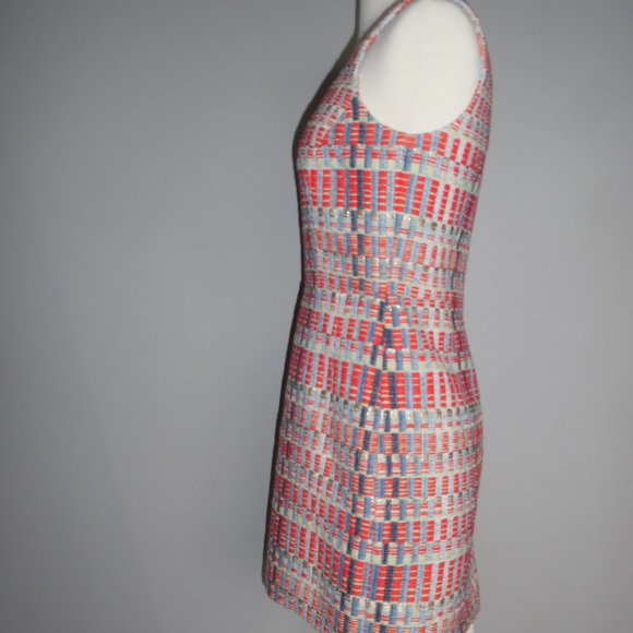 Tory Burch Tweed Red Blue Ribbon Sleeveless Metallic Career Work Shift Dress XS - Picture 7 of 10